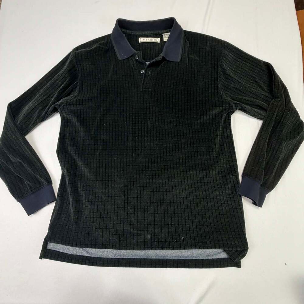 Imprints Vintage Men's Long Sleeve Black Grid Textured Velour Polo Shirt
